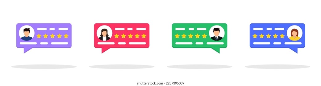 Reseñas de usuario establecidas. Concepto de testimonios y reseñas de usuarios. Comentarios de los usuarios en Internet. Los clientes eligen la calificación de satisfacción y dejan las reseñas. Revisión de los discursos calificados de burbuja con estrellas. Comentarios