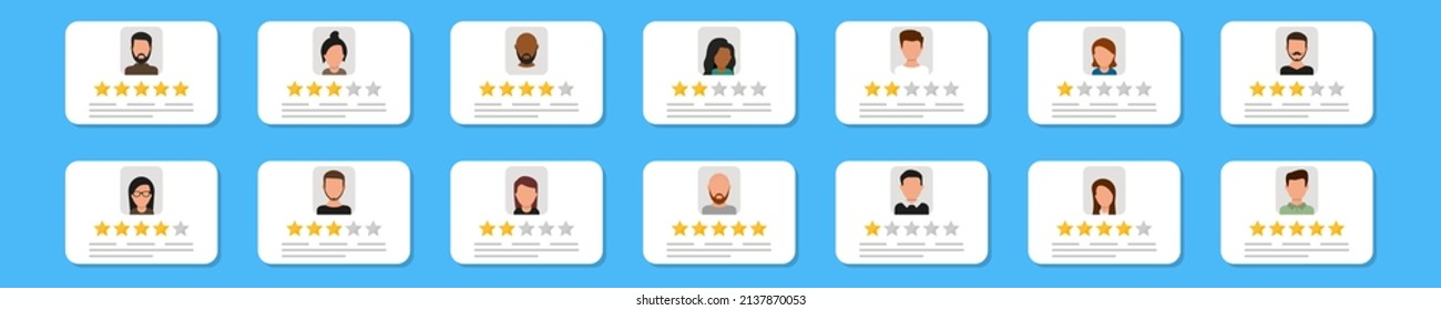 Reseñas de usuarios establecidas, comentarios de clientes. Ilustración vectorial en diseño plano