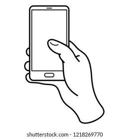 User right hand hold smart phone. Vector flat outline icon illustration isolated on white background.