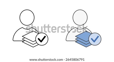 User role assignment icon with avatar, layers, and check mark, in outline and color styles, ideal for illustrating account permissions, access level configuration, and IT user management workflows.