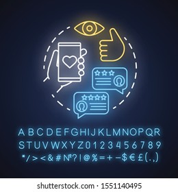 User satisfaction neon light concept icon. App rating. Social media comments. Content sharing idea. Customers feedback. Glowing sign with alphabet, numbers and symbols. Vector isolated illustration