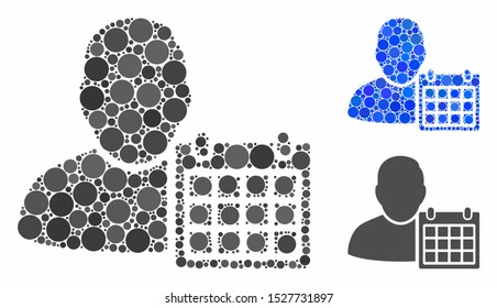 User schedule calendar mosaic of round dots in different sizes and color tinges, based on user schedule calendar icon. Vector dots are combined into blue illustration.