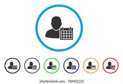 User Schedule Calendar rounded icon. Style is a flat user schedule calendar grey symbol inside light blue circle with black, gray, green, blue, red, orange color versions.