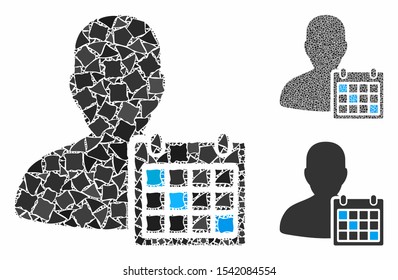 User schedule mosaic of tuberous pieces in various sizes and shades, based on user schedule icon. Vector uneven pieces are composed into mosaic. User schedule icons collage with dotted pattern.