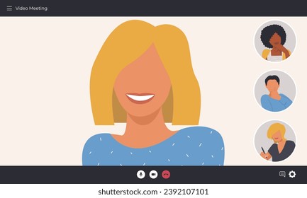 User screen sharing, video conference, video meeting. People study, meet, discuss at an online meeting, web conference. Vector illustration