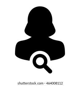 User search icon vector female person profile avatar symbol with magnifying glass in flat color glyph pictogram illustration