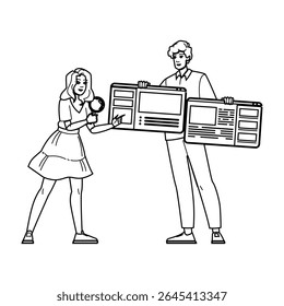 user search intent vector. keyword content, relevance result, click website user search intent character. people black line pencil drawing illustration