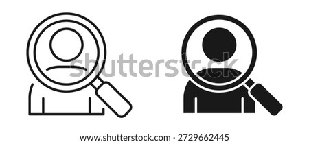 User search profile icon set in outline and silhouette style, customer lookup account discovery and people finding concept, vector illustration