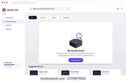 User searches for a black tech abstract banner neon within a design hub. No results appear and suggestions are provided for alternative searches.