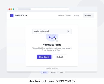 A user searches for project alpha v2 on a portfolio website but receives a message stating no results were found. It suggests adjusting filters or searching again.
