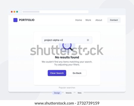 A user searches for project alpha v2 on a portfolio website but receives a message stating no results were found. It suggests adjusting filters or searching again.