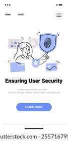 User security concept with woman holding shield fingerprint lock icons documents minimalist doodle style mobile app screen