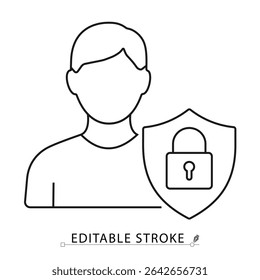 User security icon in minimal linear style with editable stroke. Profile avatar with locked shield representing account protection, privacy settings, user data security, access control.