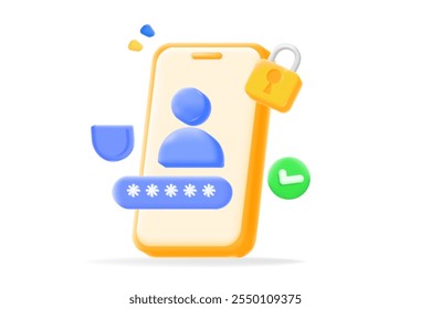 user security login for smartphone password, lock icon, and verification checkmark. cybersecurity, secure authentication, and data protection, 3d vector illustration