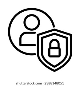 User with security shield icon. Concept of Cyber security. Outline style. Vector. Isolate on white background.