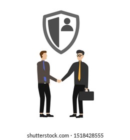 User security shield outline icon.Two people meet. Flat cartoon character isolated on white background