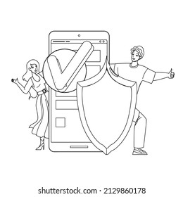 Tecnología De Seguridad De Usuario Para Información Segura Vector De Dibujo De Lápiz De Línea Negra. Feliz Hombre Y Mujer Gestando Bien Y Aprobando Seguridad De Usuario Y Sistema Protector. Protección de caracteres Información digital
