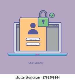 User security via padlock over laptop computer having username and password. Private authorization. Vector illustration.