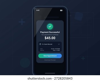 A user sees a payment successful notification on their phone. The screen displays the amount charged, appointment date, and doctor