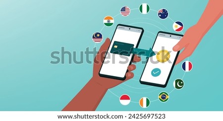 User sending money to a friend using a smartphone: P2P payments and international money transfer