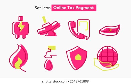 User service online billing icon set. Energy sources and media facilities.