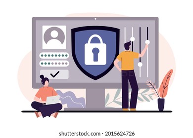 User setting private account for woman. Users use secure login and password. Concept of personal data protection and secure sign-in. Profile and account protection on internet. Vector illustration