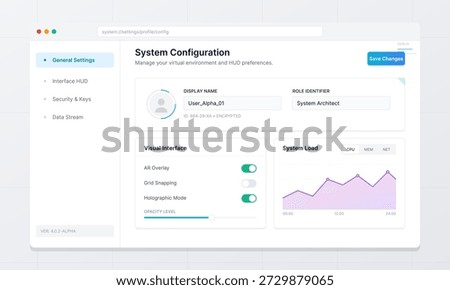 User settings are displayed on a digital dashboard showing system configuration options. The interface includes information on system load and user role details.
