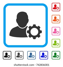 User Settings Gear icon. Flat gray pictogram symbol inside a light blue rounded frame. Black, gray, green, blue, red, orange color versions of User Settings Gear vector.