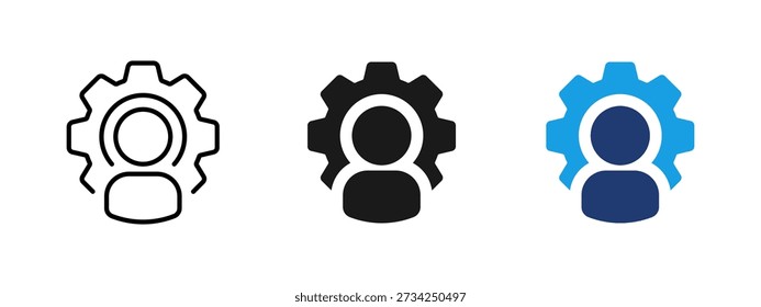 Ícone de configurações do usuário com perfil e engrenagem. Símbolo de gerenciamento de contas, configuração, preferências, controle do sistema, administração de funcionários e configuração de perfil em aplicativos empresariais e digitais.