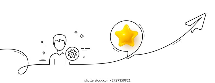 Ícone da linha de configurações do usuário. Linha contínua com plano compartilhado. Perfil Avatar com placa de roda dentada. Símbolo da silhueta da pessoa masculina. Estrela 3D em balão de fala. Fita de linha única de suporte. Vetor