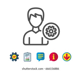 User settings line icon. Profile Avatar with cogwheel sign. Male Person silhouette symbol. Report, Service and Information line signs. Download, Speech bubble icons. Editable stroke. Vector