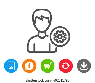 User settings line icon. Profile Avatar with cogwheel sign. Male Person silhouette symbol. Report, Information and Refresh line signs. Shopping cart and Download icons. Editable stroke. Vector