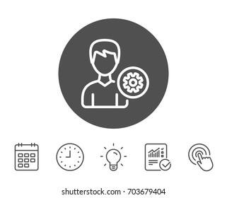 User settings line icon. Profile Avatar with cogwheel sign. Male Person silhouette symbol. Report, Clock and Calendar line signs. Light bulb and Click icons. Editable stroke. Vector