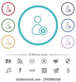 User settings outline flat color icons in circle shape outlines. 12 bonus icons included.