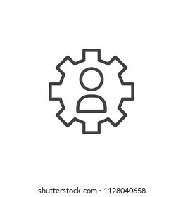 User settings outline icon. linear style sign for mobile concept and web design. Man silhouette with gear simple line vector icon. Symbol, logo illustration. Pixel perfect vector graphics