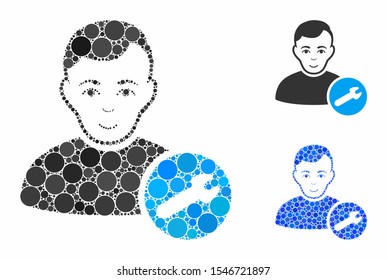 User settings wrench mosaic of circle elements in various sizes and shades, based on user settings wrench icon. Vector circle elements are organized into blue collage.