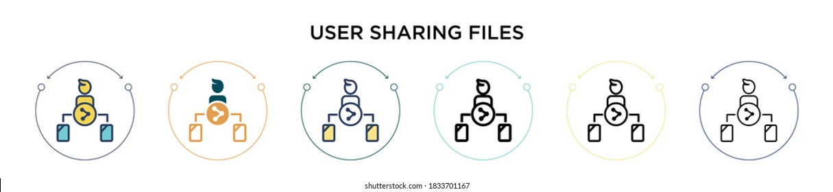 User sharing files icon in filled, thin line, outline and stroke style. Vector illustration of two colored and black user sharing files vector icons designs can be used for mobile, ui, web