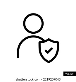Protector de usuario, Control de privacidad de usuario, Usuario verificado, Verificación de cuenta, icono de vector de concepto de protección en diseño de estilo de línea para sitio web, aplicación, interfaz de usuario, aislado en fondo blanco. Trazo editable. EPS 10.