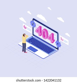 User shocked at 404 problem isometric illustration. Man watching page not found message on laptop display cartoon character. Client cloud service not available. Internet webpage disconnected 