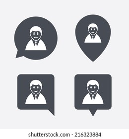 User sign icon. Person symbol. Human in suit avatar. Map pointers information buttons. Speech bubbles with icons. Vector