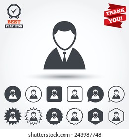 User sign icon. Person symbol. Human in suit avatar. Circle, star, speech bubble and square buttons. Award medal with check mark. Thank you. Vector