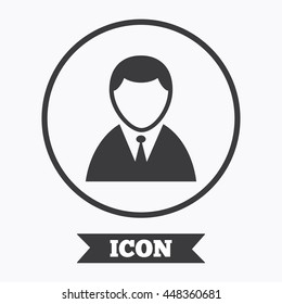 User sign icon. Person symbol. Human in suit avatar. Graphic design element. Flat symbol in circle button. Vector