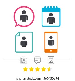 User sign icon. Person symbol. Human avatar. Calendar, chat speech bubble and report linear icons. Star vote ranking. Vector