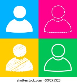User sign illustration. Four styles of icon on four color squares.
