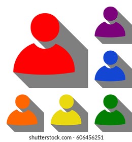 User sign illustration. Set of red, orange, yellow, green, blue and violet icons at white background with flat shadow.