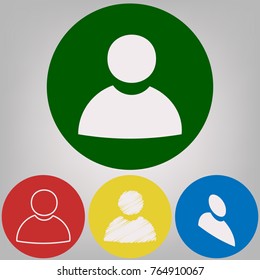 User sign illustration. Vector. 4 white styles of icon at 4 colored circles on light gray background.