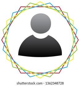 User sign illustration. Vector. Black icon with patch of light inside colorful hexagonal frames at white background.