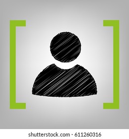 User sign illustration. Vector. Black scribble icon in citron brackets on grayish background.