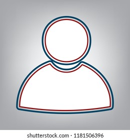 User sign illustration. Vector. Dark red, transparent and midnight green stroke of white icon at grayish background.