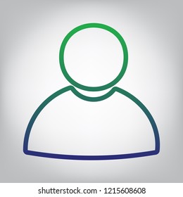 User sign illustration. Vector. Green to blue gradient contour icon at grayish background with light in center.